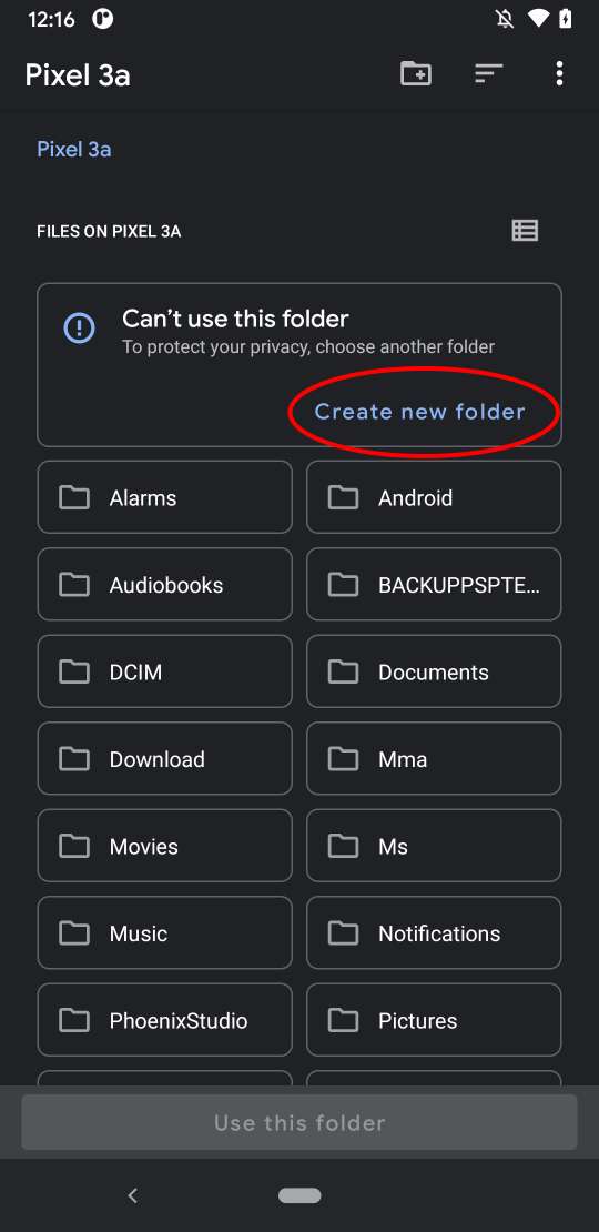Tap on Create new folder.