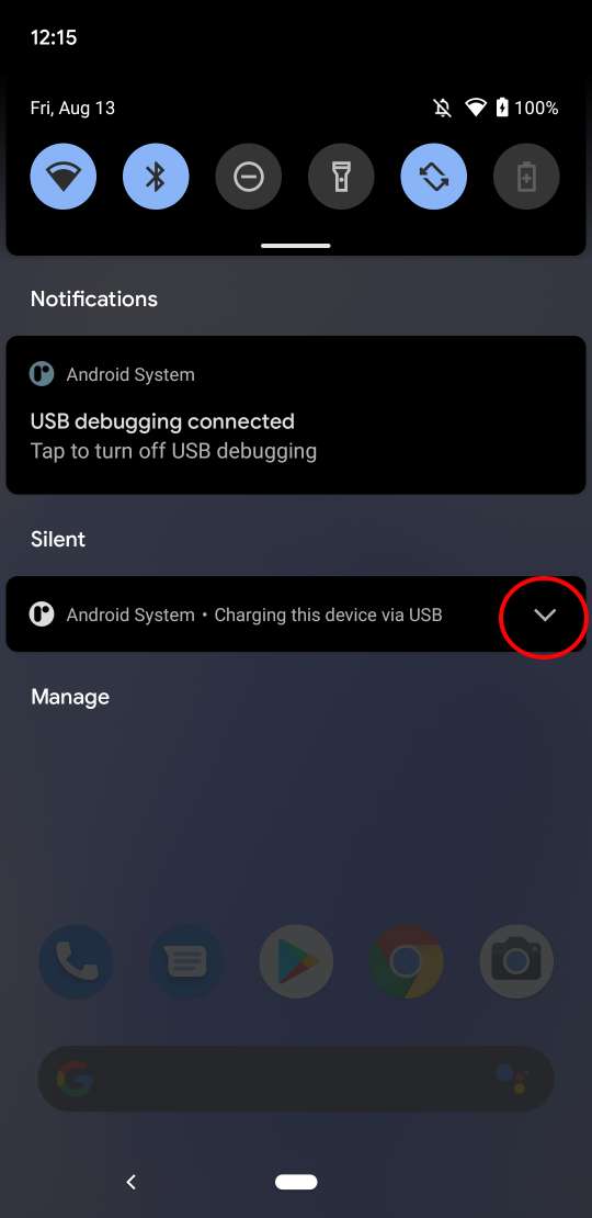 Open the notification about charging the device via USB.