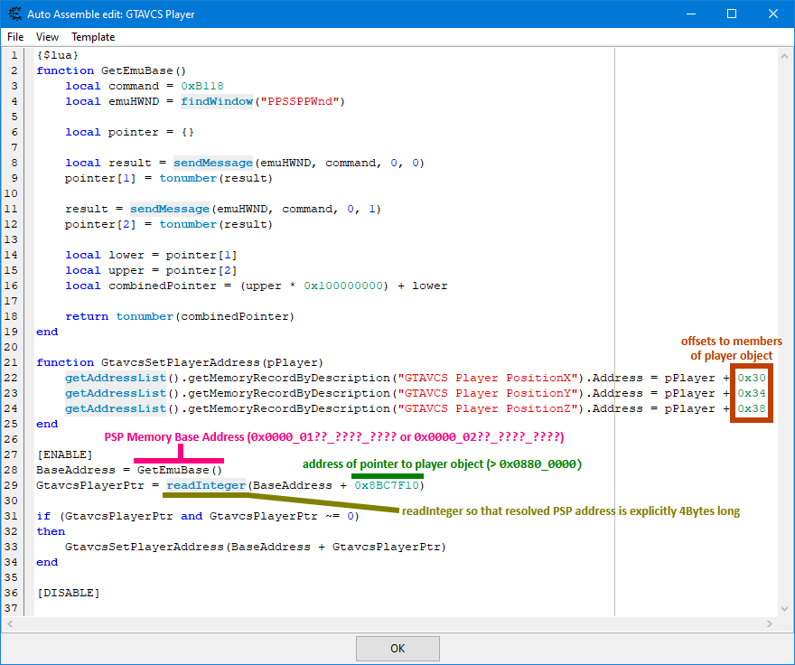 Example of a Lua script to calculate the addresses of object members